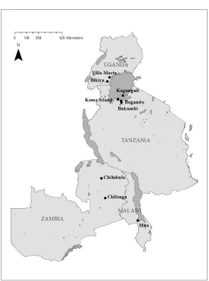 Figure 1: Map of principal parishes included in the Mwanza Historical Demographic Database and/or the Counting Souls Database 