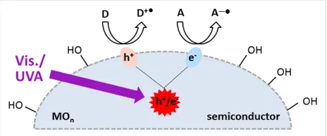 Figure 1: Production and utilization of h+ and e– by photoactivation ofa semiconductor.