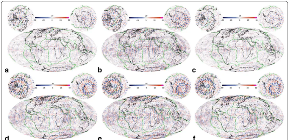Fig. 8 Maps of radial lithospheric field differences calculated at the Earth’s surface from coefficients of degrees SM16 ≤ n ≤ 70 between SMvNSEW, Ŵ(1), SMŴ(1)δ and MF7 (a–c) resp