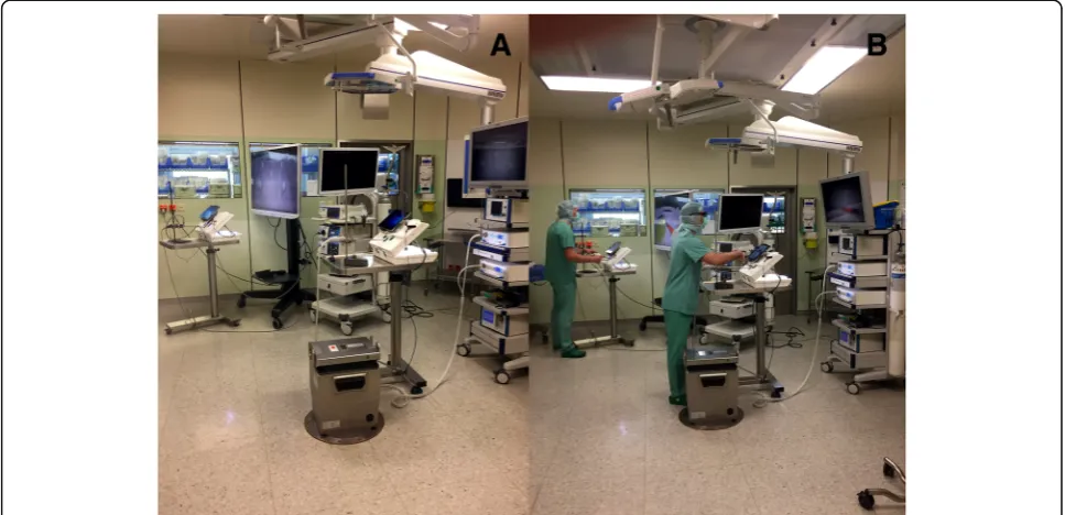 Fig. 2 Set-Up - Laparoscopic training parkour. Laparoscopic training simulator in combination with the 4K (a) and the 3D Display system (b)