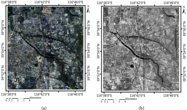 Figure 5. Study area. The area covers 175 kmand is located from 39˚50'33'' (N) to –39˚57'53'' (N) and from 116˚37'53'' (E) to 116˚46'57'' 2 of urban area in Tongzhou, Beijing, China, (E); (a) multispectral image (2 m); (b) panchromatic image (0.5 m)