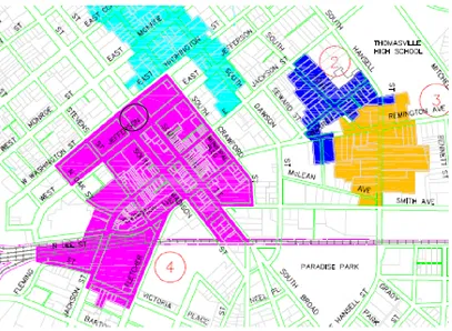 Figure 1. Map of Thomasville’s Historic Districts.  The Commercial District is highlighted in Pink