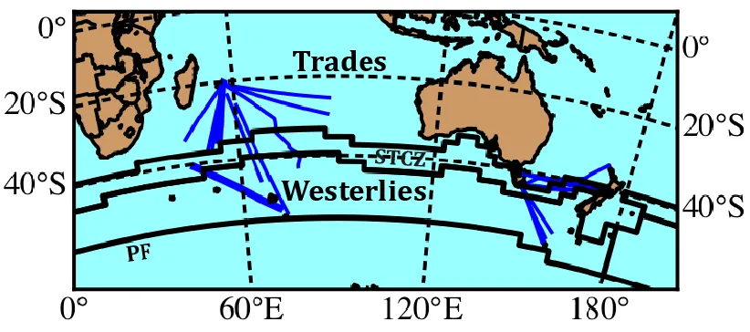 Figure 1 - Map showing ship transect lines (blue) for acoustic data extracted from the 