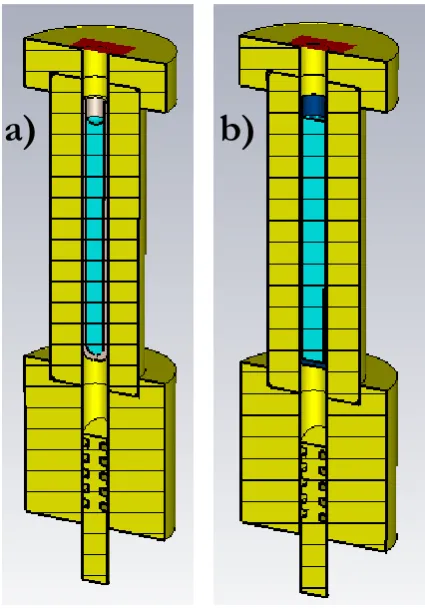 Figure 3.2.2 CAD drawing of the HiPER sample holder for a) quartz tube b) FEP tube containing water ice sample with meniscus in the quartz tube case