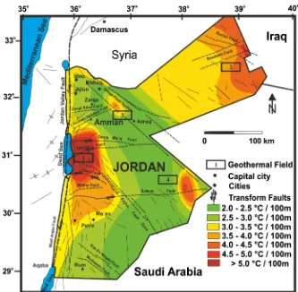 Figure 1. Jordan updated geothermal gradient map indicates four main geothermal fields (after [18] [19] and [20]; Structural map of Jordan (after [21] and [22])