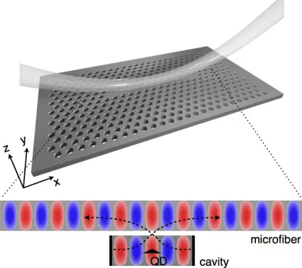 Fig. 1. A schematic diagram of fiber-coupled linear photonic crystal cavity. The bottom schematic explains the phase-matched coupling between microfiber and cavity