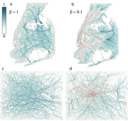 FIG. 6: The spatial distribution of BC on the New York (top) and London (bottom) street network for di↵Distance Weigh (IDW) on the street junctions with Z = BC)