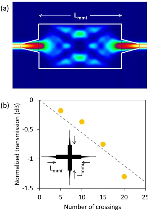 Fig. 5. (a) Electric field distribution in a 1x1 MMI. The physical boundary of the MMI is highlighted by white boundary