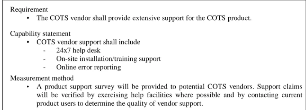 Table 4:  Example of a Requirement, Capability Statement, and Measurement Method 