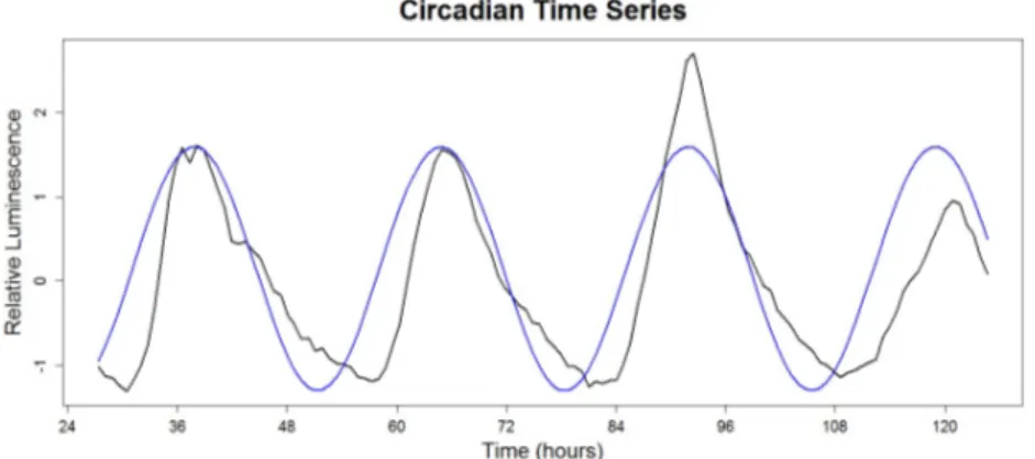 Figure 14: Example 1.3.9: Implementation of FFT–NLLS. Black line: A time series from the control group (Chapter 2); Blue line: cosine curve with period 27.03 hours (the period estimate obtained using FFT–NLLS).