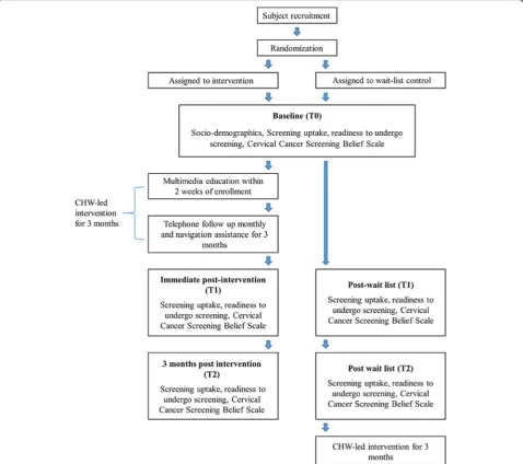 Fig. 3 Flow diagram of the intervention and data collection points. CHW community health worker, T0 baseline (i.e., upon entry to the studyafter randomization but before participants receive the intervention), T1 immediate post intervention (3 months after T0, i.e., upon completion ofthe intervention), T2 3 months post intervention (6 months after T0, i.e., 3 months after completion of the intervention)