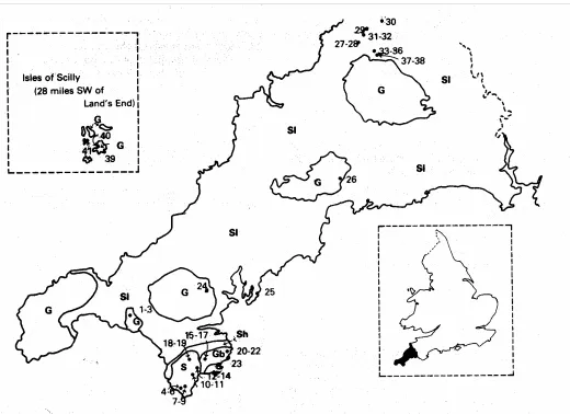Figure 1. Distribution of loess in Cornwall and the Scilly Isles, and location of analysed samples numbered as in text