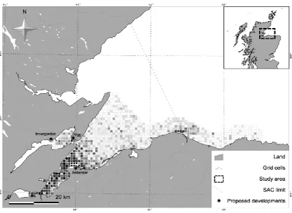 Figure 2. Map of the study area. The grid cells are coloured based on the average daily boat hours 