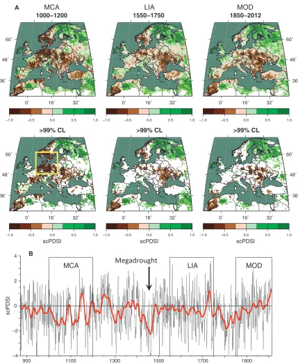 Fig. 3. Comparison of mean scPDSI fields in the OWDA during periods associated with the MCA, LIA, and modern period (MOD)