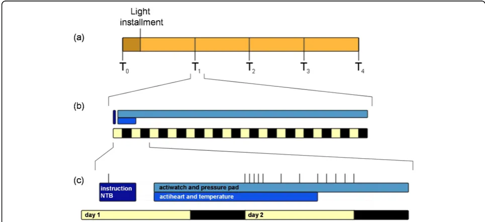 Figure 1 Design and protocolT. After T0, patients receive a light box at home, where after they complete a maximum of four follow up visits,1-T4, every 6 months (a)