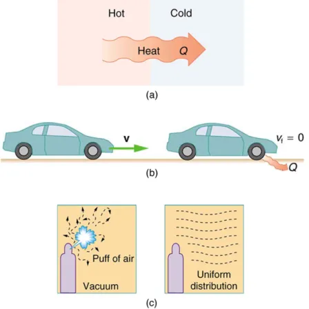 Figure 15.16 Examples of one-way processes in nature. (a) Heat transfer occurs spontaneously from hot to cold and not from cold to hot