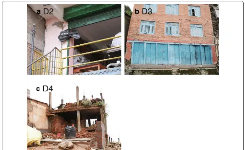 Fig. 4 Photograph of buildings with damage levels D2–D4. a D2: plaster on the column was fallen down