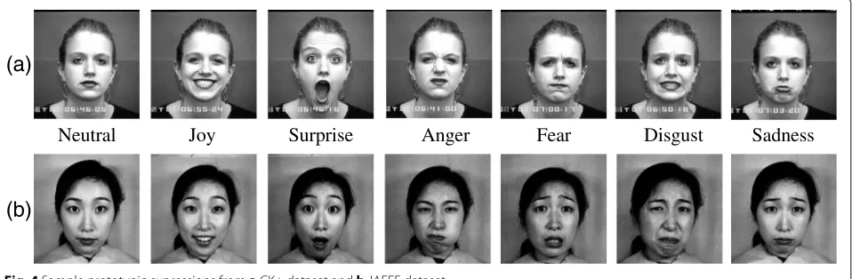 Fig. 4 Sample prototypic expressions from a CK+ dataset and b JAFFE dataset