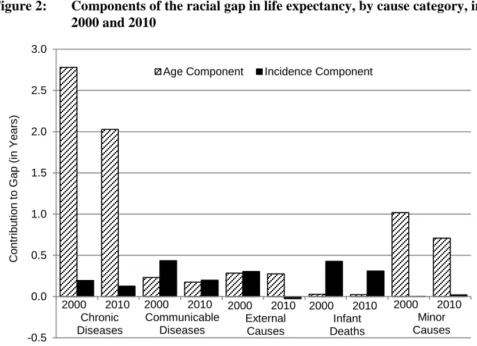 Figure 2: Components of the racial gap in life expectancy, by cause category, in 2000 and 2010 