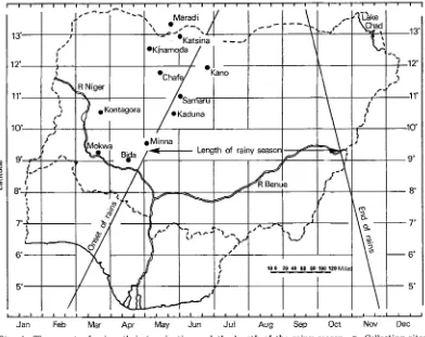 Fig. 1. The onset of rains, their termination and the length of the rainy season. 0, Collecting sites (adapted from Kowal & Knabe, 1972)