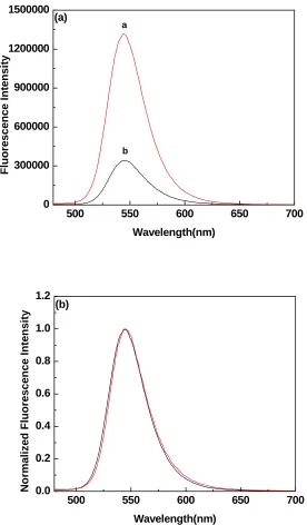 Figure 3.1 a) Emission spectra and b) normalized emission spectra of TOPO coated quantum dots (red) and peptide-coated quantum dots (black) (λex = 445 nm)