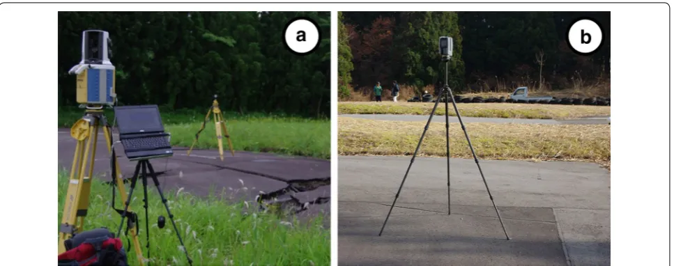 Fig. 2 Terrestrial laser scanners used. a Topcon GLS-1500 (June 2011). b Trimble TX5 (December 2013)
