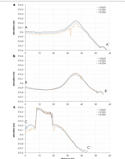 Fig. 5 Topographic profiles of the target zone for the three times of measurements (location of the sections is shown in Fig