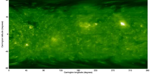 Fig. 6. Synchronous synoptic EUV map obtained for 2009-06-22 anddisplayed in Carrington coordinates