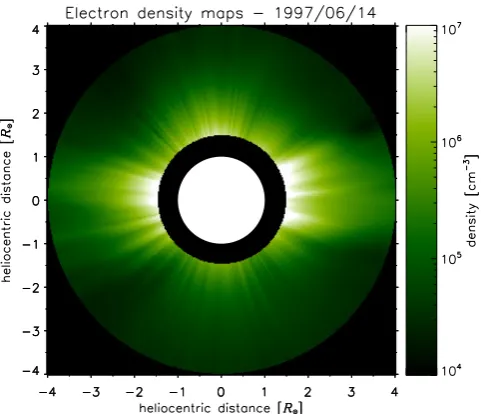 Fig. 8. Coronal electron density map derived by the van de Hulst inver-sion technique applied to a LASCO polarized brightness image on the14th June 1997.