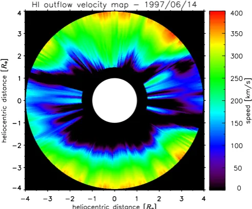 Fig. 9. Solar wind H I outﬂow velocity map on the 14th June 1997obtained via Doppler dimming technique as described by Dolei et al.(2018) and exploiting both SoHO UVCS and LASCO observations.