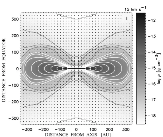Figure 1.2: Snapshot, at t = 1.03 × 104 yrs from ﬁgure 5 of Suttner & Yorke (2001),showing the evolution of density (white contours) and velocity (black arrows) as thecircumstellar envelope rotationally ﬂattens into a disc