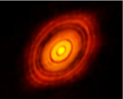 Figure 1.6: ALMA image of the disc around HL Tau. The dark rings visible in the im-age may indicate gaps in the disc, cleared out by planets as they accrete gas and dust.Credit: ALMA (NRAO/ESO/NAOJ); C