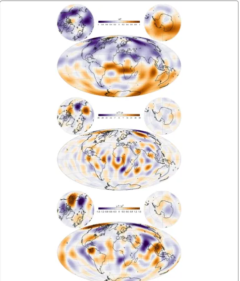 Fig. 9 Radial field to degree 13, radial secular variation (SV) and radial secular acceleration (SA), both to degree 16, at the core surface in 2015
