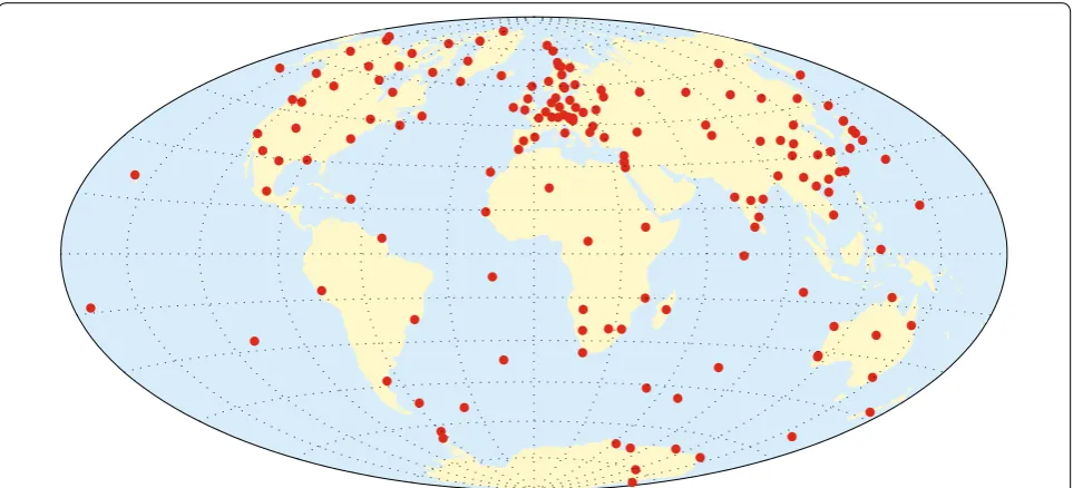 Fig. 1 Locations of ground magnetic observatories whose data are used in the derivation of CHAOS‑6