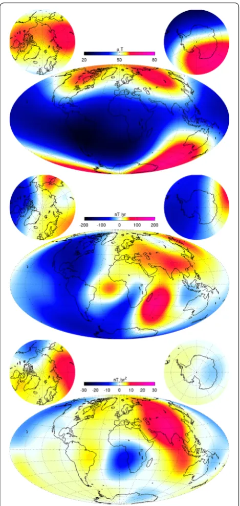 Fig. 4 Lowes–Mauersberger spherical harmonic power spectra of the vector magnetic field (black), secular variation (red) and secular acceleration (blue) at the Earth’s surface in 2015