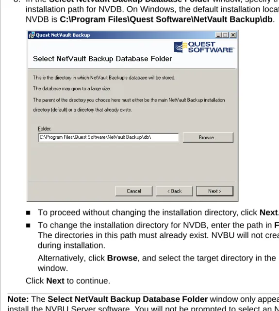 Figure 4-15: Select NetVault: Backup Database Folder window