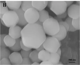 Figure 3.1 SEM images of ordered MCM-41 particles: A) Scale bar, 2 μm. B) Scale bar, 500 nm