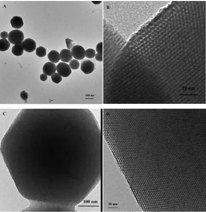 Figure 3.2 TEM images of ordered MCM-41 particles: A) Scale bar, 500 nm. B) Scale bar, 20 nm