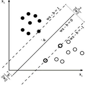 Figure 7. Illustration of SVM algorithm. Solid line is the hyperplane to distinguish two groups