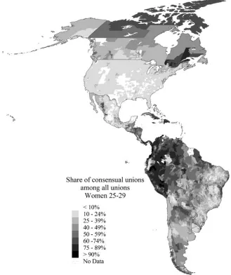 Table C3: Share of consensual unions among all 25- to 29-year-old women in a union based on census data from the 2000 census round (black-and-white version) 