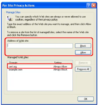 Figure 9 The “Per Site Privacy Actions” in Internet Explorer 7 