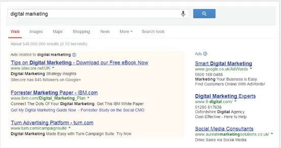 Figure 1. Search adverts appearing in a search for digital marketing.