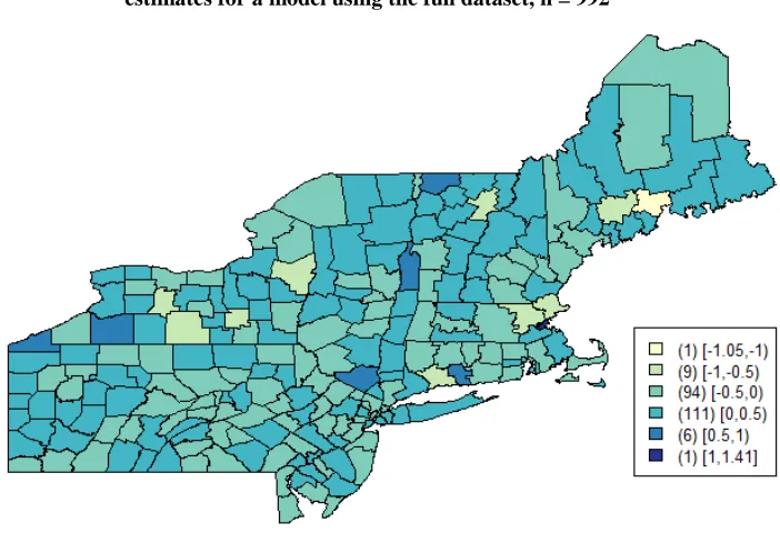 Figure 2: Map of 1860 counties in the North East US: posterior mean 