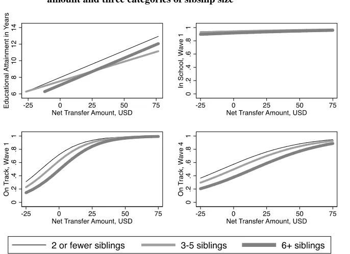 Figure 2: Predicted probability of four educational outcomes by net transfer amount and three categories of sibship size 