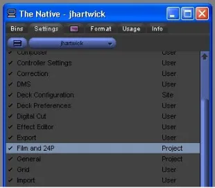 Figure 6.  The Film and 24P Project settings listed under the Settings tab in the Project window..