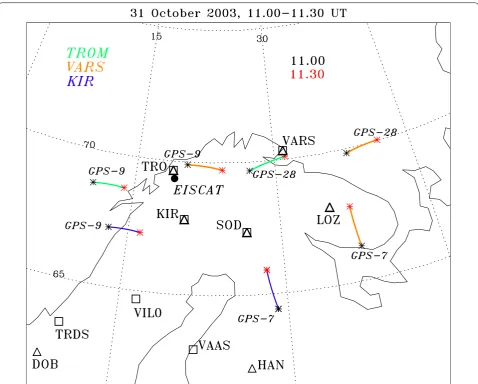 Fig. 1 Pierce points at 250 km altitude of radio paths from GPS satellites GPS7, GPS9, and GPS28 to ground receivers KIRU (violet line), VARS (orange line), and TROM (green line) in Scandinavia during October 31, 2003, 1100–1130 UT