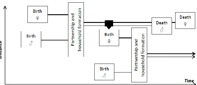 Figure 1: A schematic representation of linked lives and possible transitions in SAMP 
