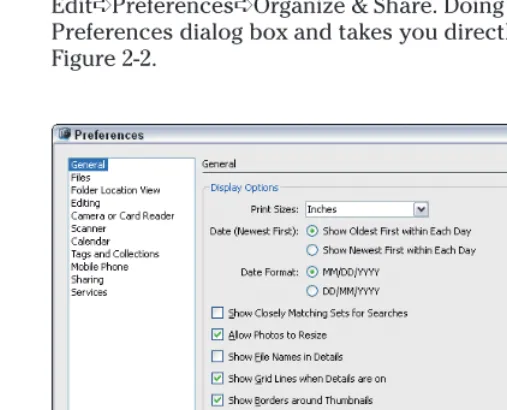 Figure 2-2: Choose Edit➪Preferences➪Organize & Share, and a new Preferences dialog box opens.
