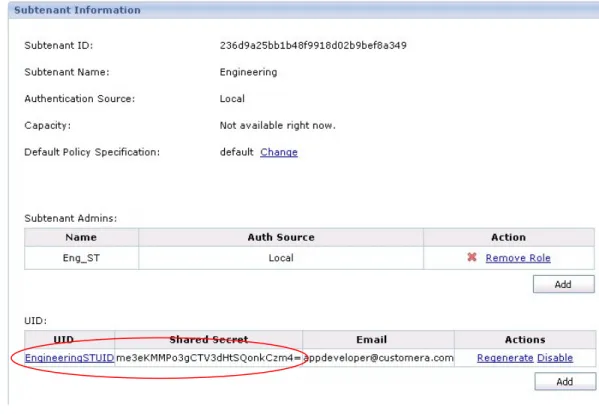 Figure 7. UID and Shared Secret for a subtenant  Shared Secret 