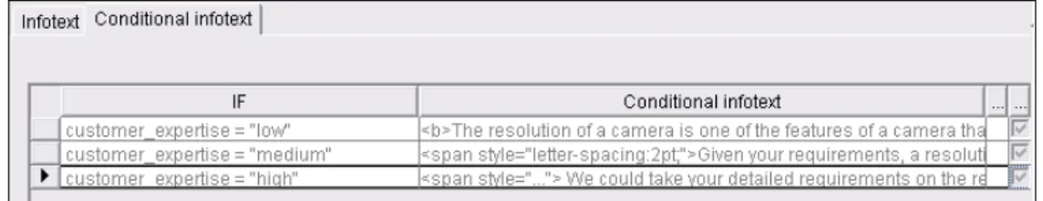 Figure 7 shows how general text variants can be modeled in our system. Depending on the  current user characteristics – which is again defined though an A DVISOR  S UITE  expression – the  same piece of information can be displayed in different forms